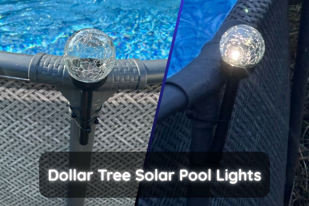 Dollar Tree Solar Pool Lights banner with side by side of solar light in pool at daytime and night-time.