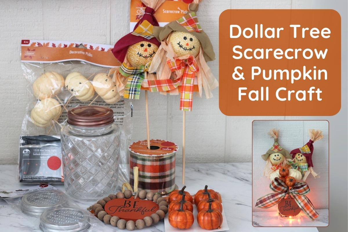 Dollar Tree Scarecrow Craft with pumpkins, ribbon, lights, and fall decorations displayed for an easy DIY autumn project.
